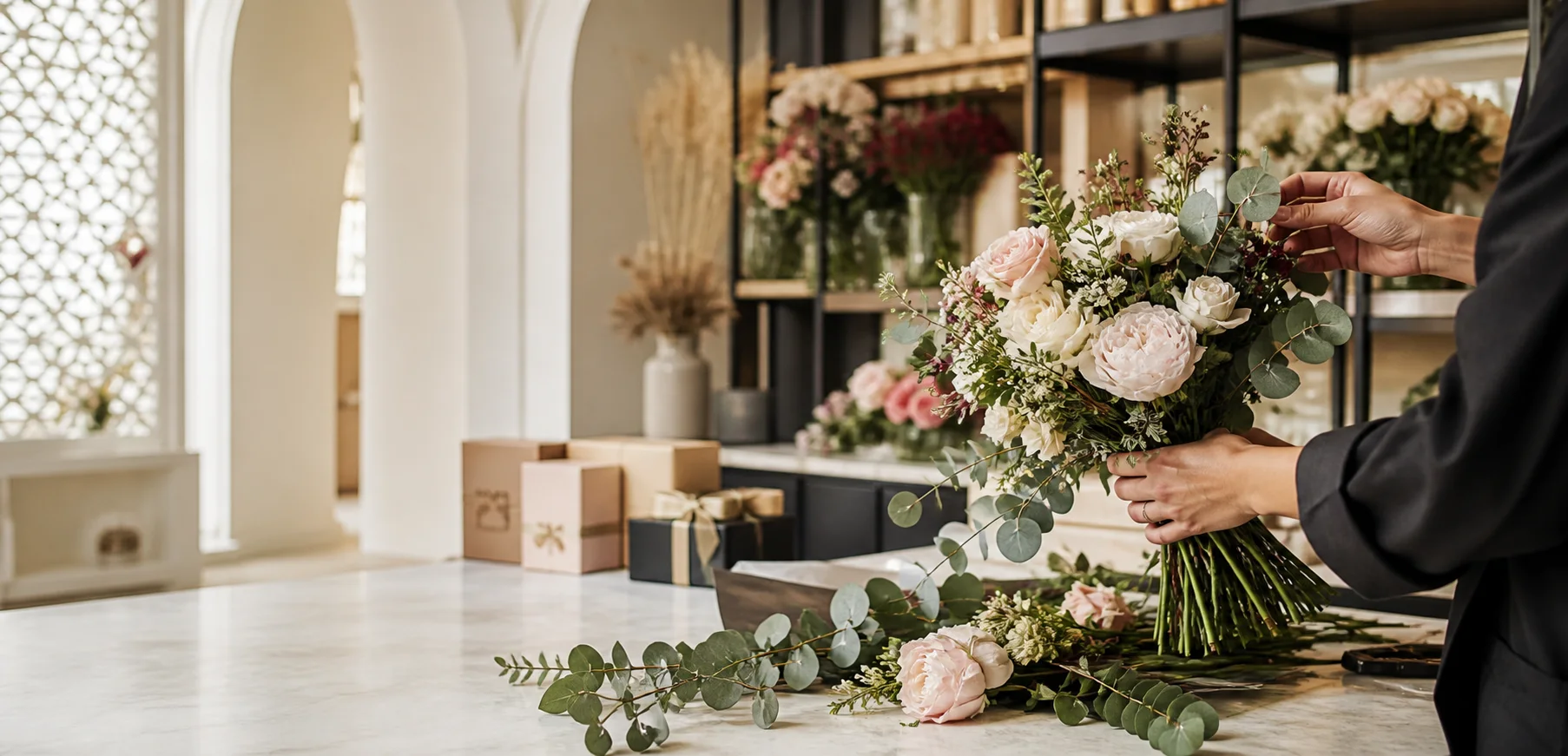 A florist preparing a premium bouquet in a modern flower and gifting workspace.