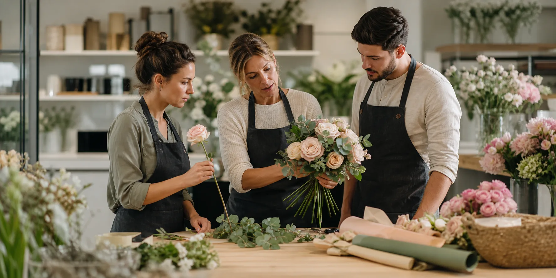 Illustrative floral trainer demonstrating bouquet preparation and quality standards to a franchise team.