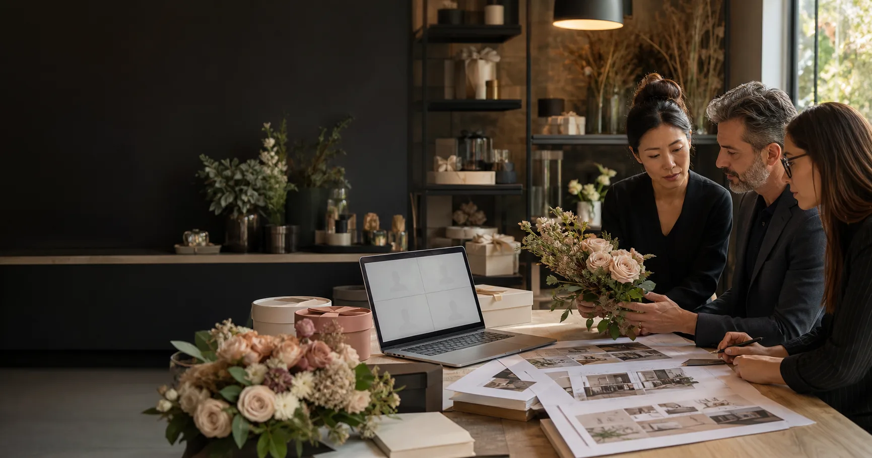 An international business team reviewing flowers, store concepts and a launch plan for a new market.