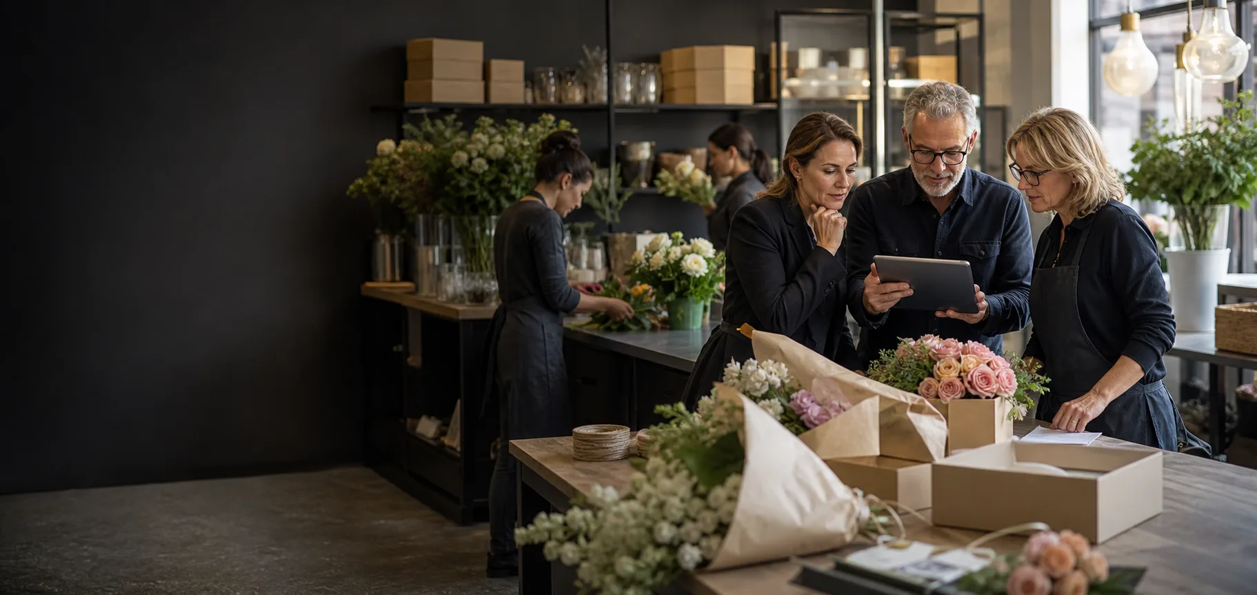 A retail operations team reviewing flower inventory, prepared orders and daily store operations.