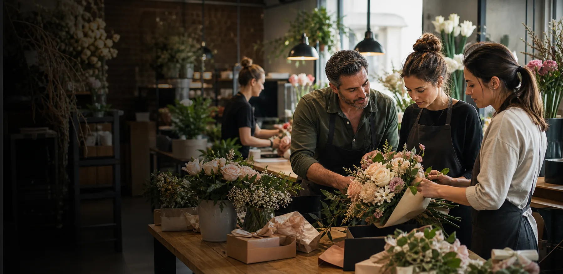 An owner-manager and florist team checking bouquet quality in a modern flower and gifting studio.
