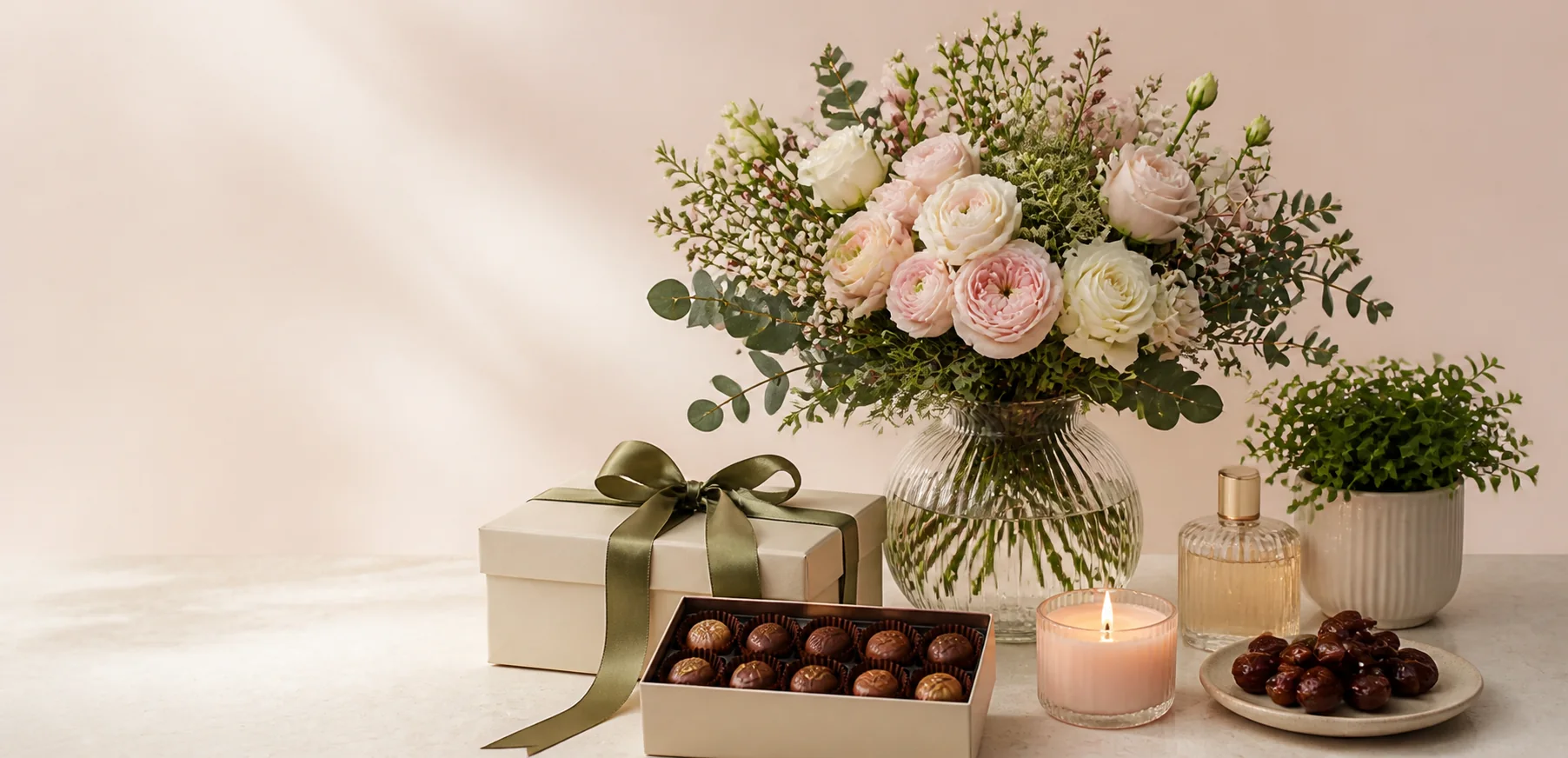Premium flowers, chocolates, candle, perfume, dates, plant and gift box for Aroma Flowers brand partnerships.