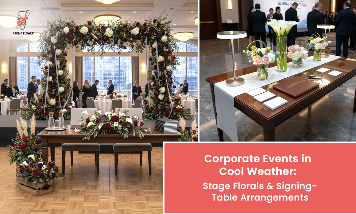 Corporate Events in Cool Weather: Stage Florals & Signing-Table Arrangements